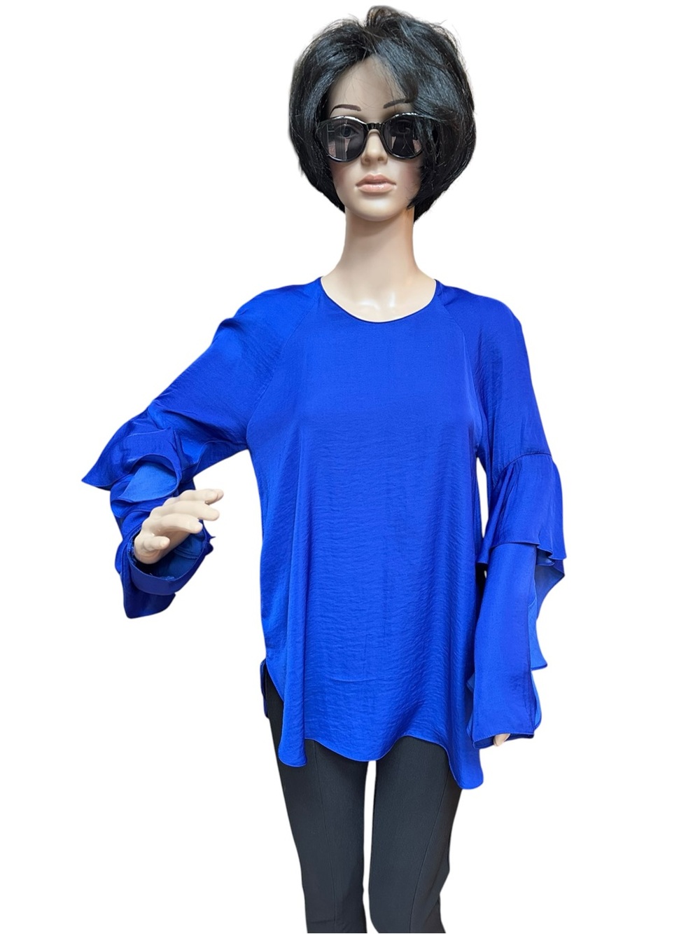 Zara Women’s Royal Blue Silky Ruffle Sleeve Blouse, NWOT, S